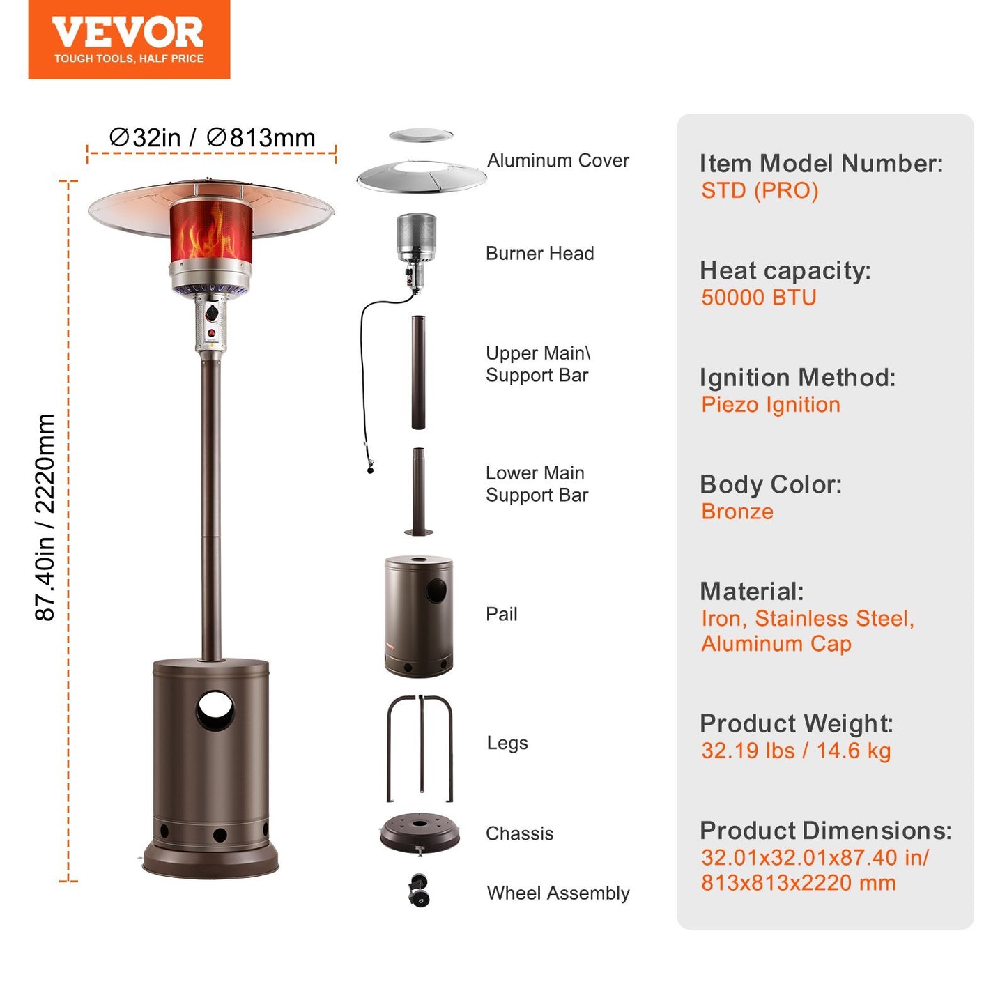 VEVOR Propane Patio Heater 50000BTU Tall Hammered W Round Table Outdoor Bronze