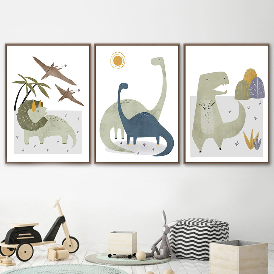 Cute Cartoon Dinosaur Palm Tree Mountain Sun Scandinavian Poster And Print Wall Art Canvas