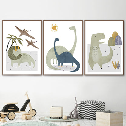 Cute Cartoon Dinosaur Palm Tree Mountain Sun Scandinavian Poster And Print Wall Art Canvas