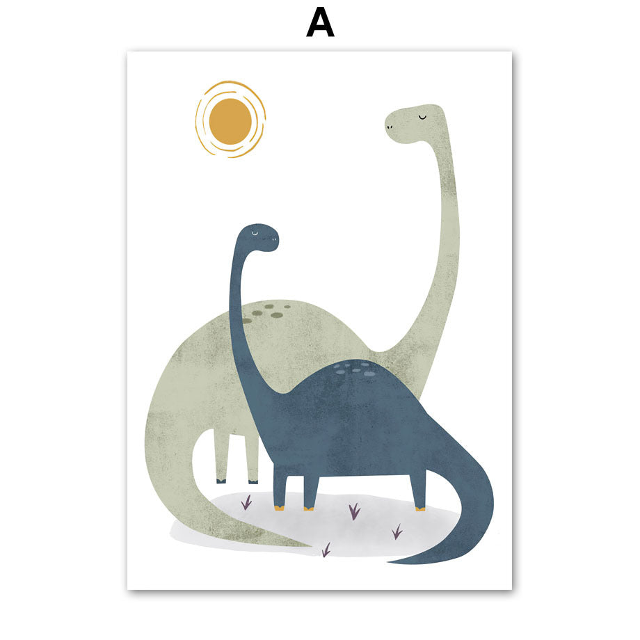 Cute Cartoon Dinosaur Palm Tree Mountain Sun Scandinavian Poster And Print Wall Art Canvas
