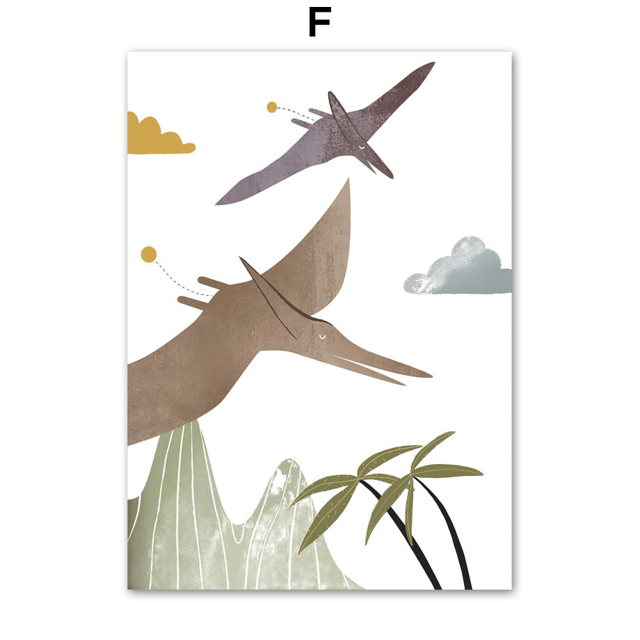 Cute Cartoon Dinosaur Palm Tree Mountain Sun Scandinavian Poster And Print Wall Art Canvas