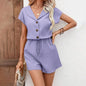 Women's 2-Piece Summer Lounge Set, Textured Short Sleeve Button-Down Shirt And Matching Shorts Outfit