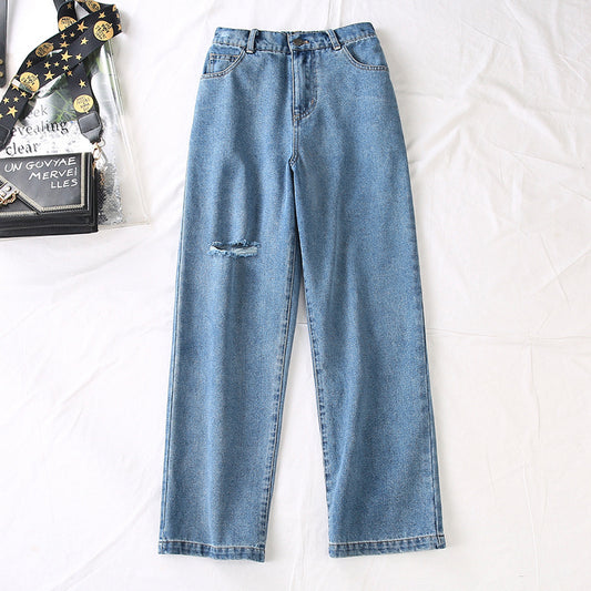 Hole thin straight leg pants wide leg versatile pants