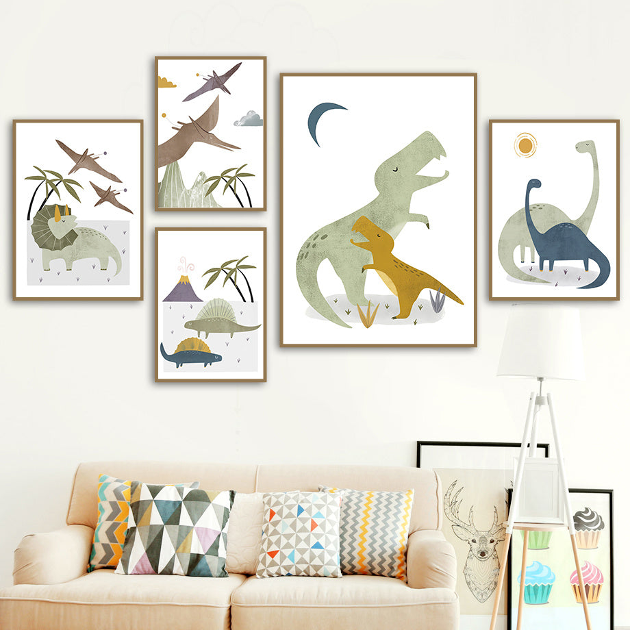 Cute Cartoon Dinosaur Palm Tree Mountain Sun Scandinavian Poster And Print Wall Art Canvas
