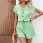 Women's 2-Piece Summer Lounge Set, Textured Short Sleeve Button-Down Shirt And Matching Shorts Outfit