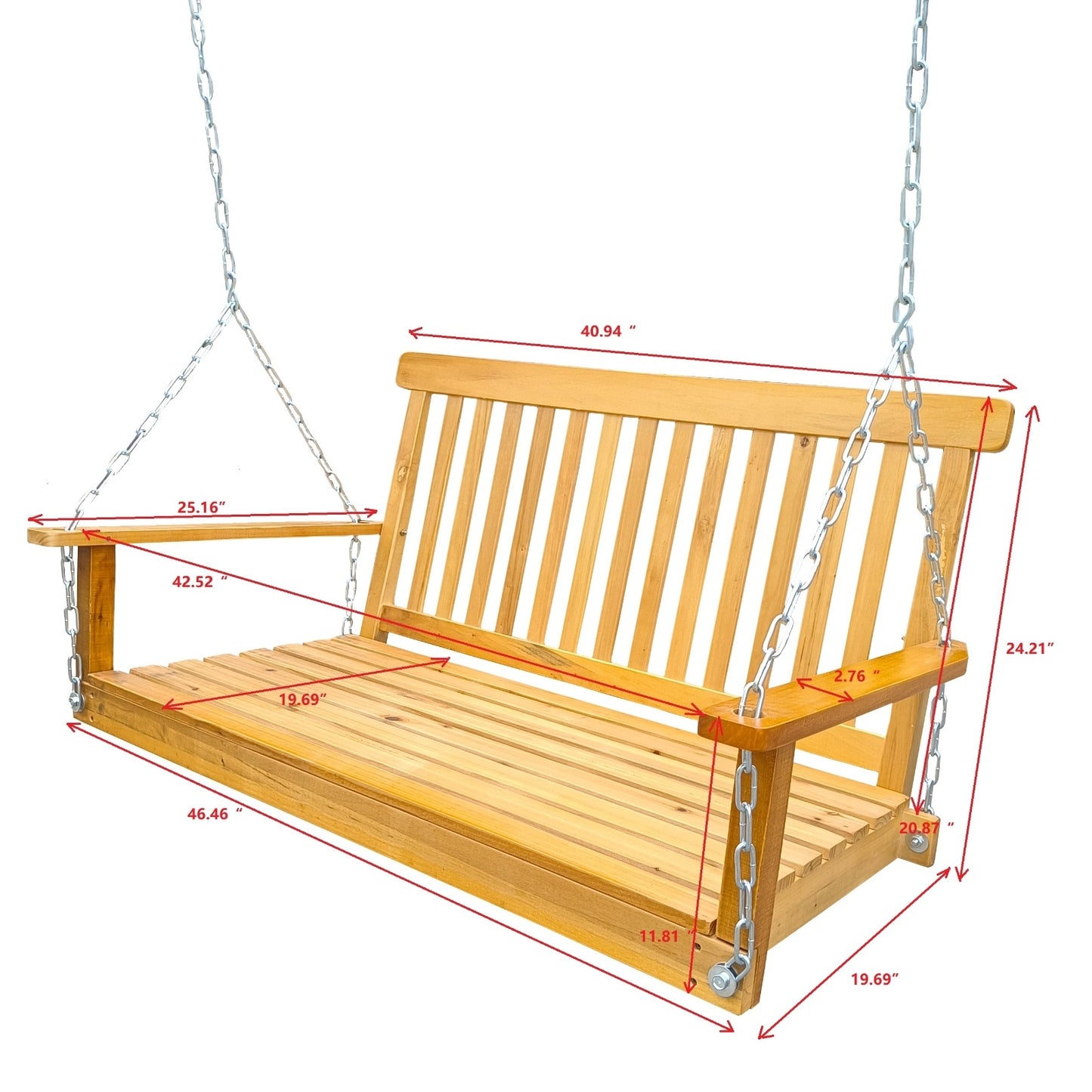 Wood Porch Swing With Armrests & Hanging Chains For Patio, Garden Yard