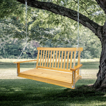 Wood Porch Swing With Armrests & Hanging Chains For Patio, Garden Yard