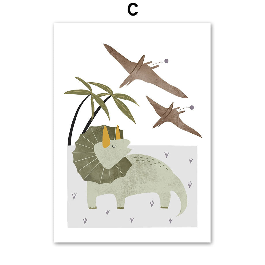 Cute Cartoon Dinosaur Palm Tree Mountain Sun Scandinavian Poster And Print Wall Art Canvas