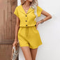 Women's 2-Piece Summer Lounge Set, Textured Short Sleeve Button-Down Shirt And Matching Shorts Outfit