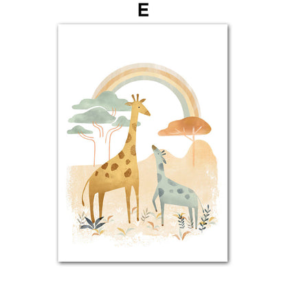 Jungle Animal Lion Giraffe Elephant Zebra Wall Art Poster Print Nordic Kindergarten Canvas
