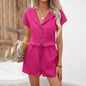 Women's 2-Piece Summer Lounge Set, Textured Short Sleeve Button-Down Shirt And Matching Shorts Outfit