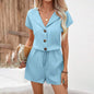 Women's 2-Piece Summer Lounge Set, Textured Short Sleeve Button-Down Shirt And Matching Shorts Outfit