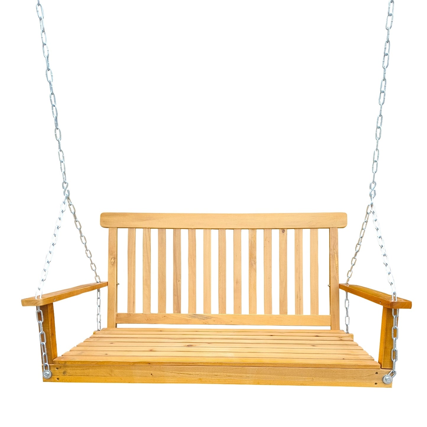 Wood Porch Swing With Armrests & Hanging Chains For Patio, Garden Yard