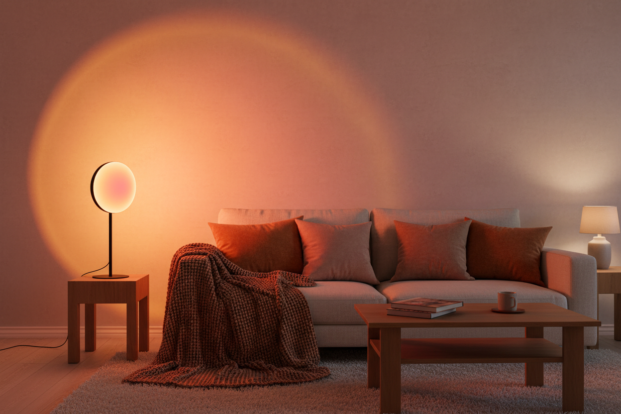 Soft warm gradient or a lifestyle photo of the Sunset Lamp in a cozy room.